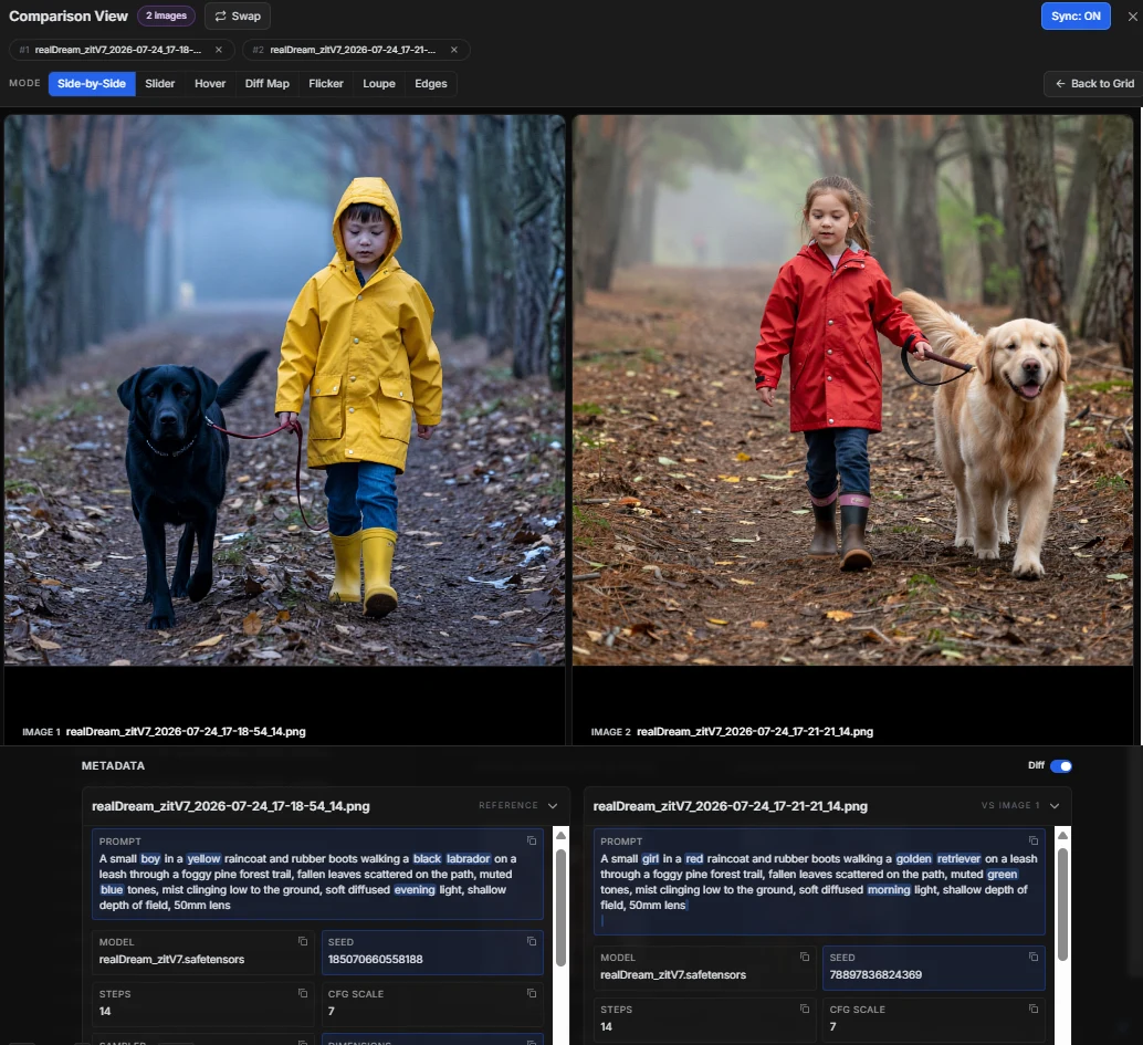 Image MetaHub Compare View showing two generated images side by side above a metadata panel that highlights the exact prompt words, seed and step count that differ between them.