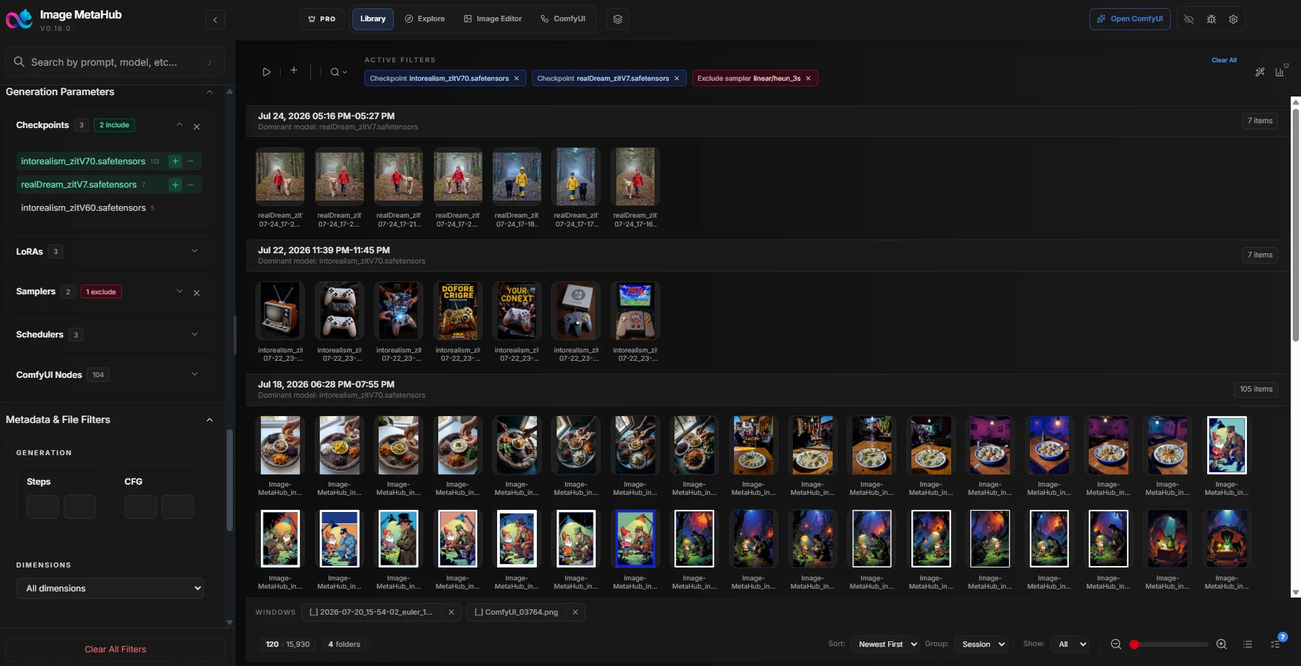 Image MetaHub library view showing a filter sidebar with checkpoints, LoRAs, samplers, schedulers and ComfyUI nodes, active filter chips, and generated images grouped by session.