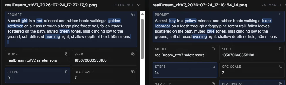 Close-up of Image MetaHub's metadata diff showing two prompts with the differing words highlighted: girl versus boy, red versus yellow, golden retriever versus black labrador.