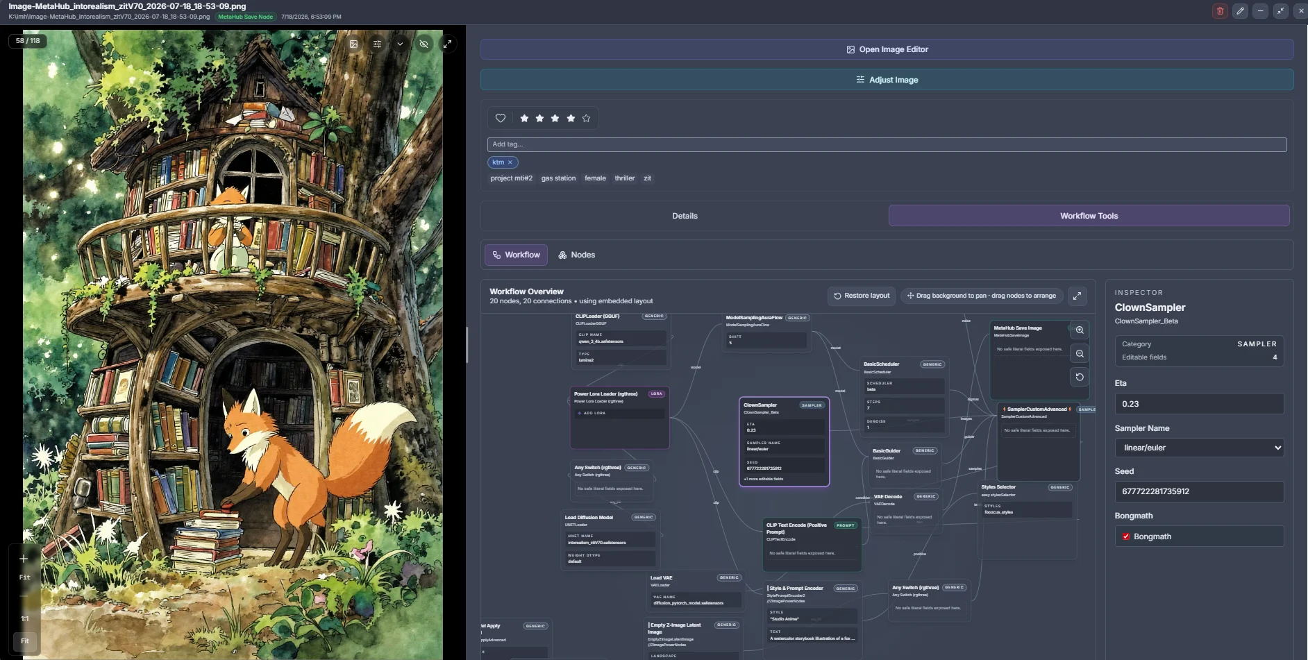 Image MetaHub Workflow Tools panel showing a generated image beside its reconstructed ComfyUI node graph of 20 nodes and 20 connections, with an inspector panel exposing the sampler's eta, sampler name and seed.