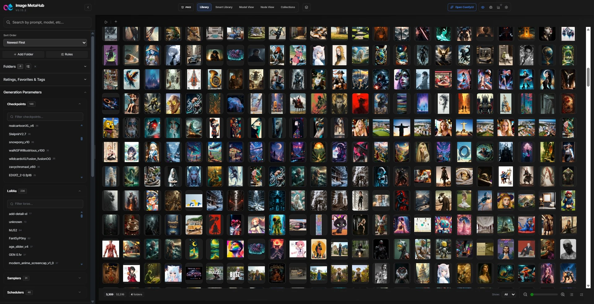 Image MetaHub library view showing search, filters, folders, checkpoints, LoRAs, and a thumbnail grid.