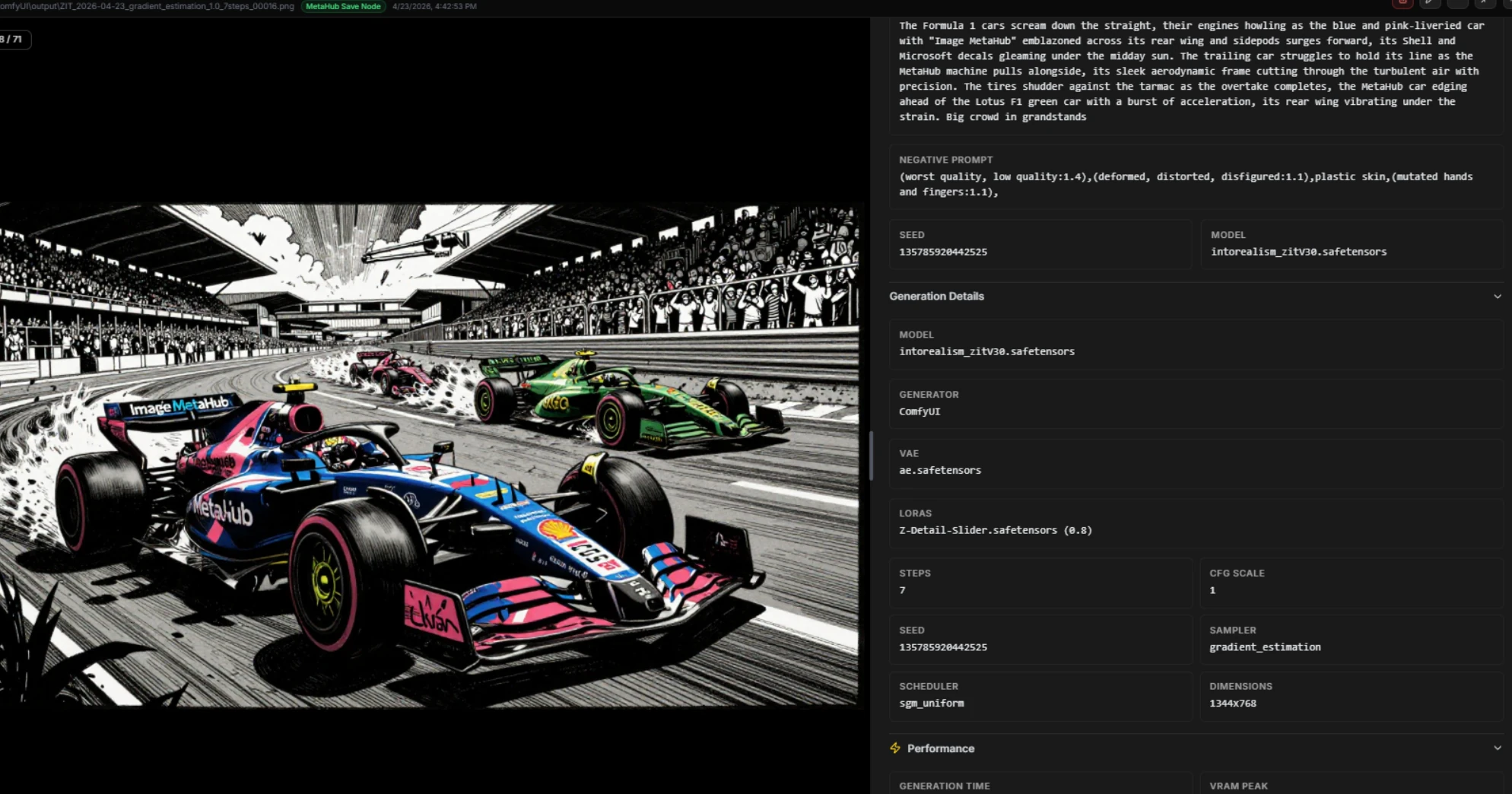Image MetaHub image details modal showing a preview, prompt fields, metadata, model information, and generation details.