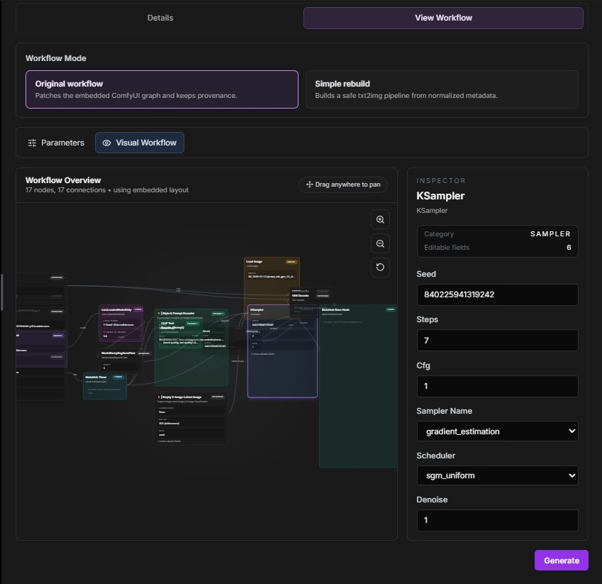 Image MetaHub workflow view showing ComfyUI metadata and graph information.